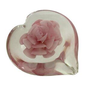 Handcrafted Art Glass Heart Paperweight Pink Rose Floral Decor Love Valentine